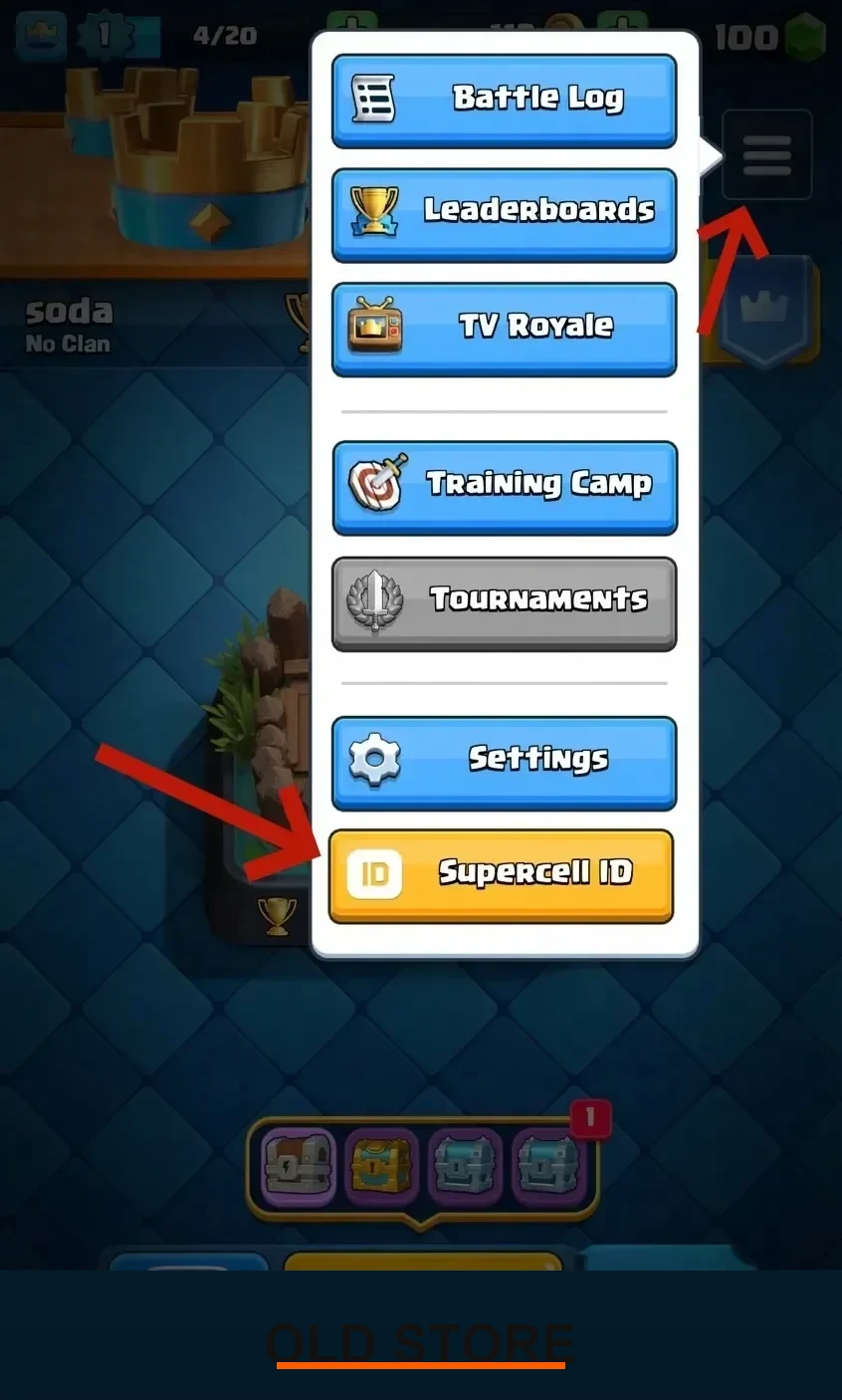 *(Image shows arrows pointing to the Menu and Supercell ID buttons in Clash Royale.)*