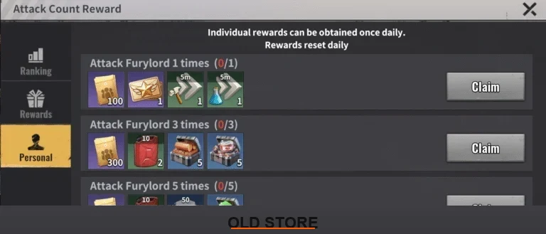 Attack Count Reward panel in Last Z Furylord event listing daily rewards for attacking 1, 3, and 5 times, including refugee tokens, fuel cans, diamonds, and speedups