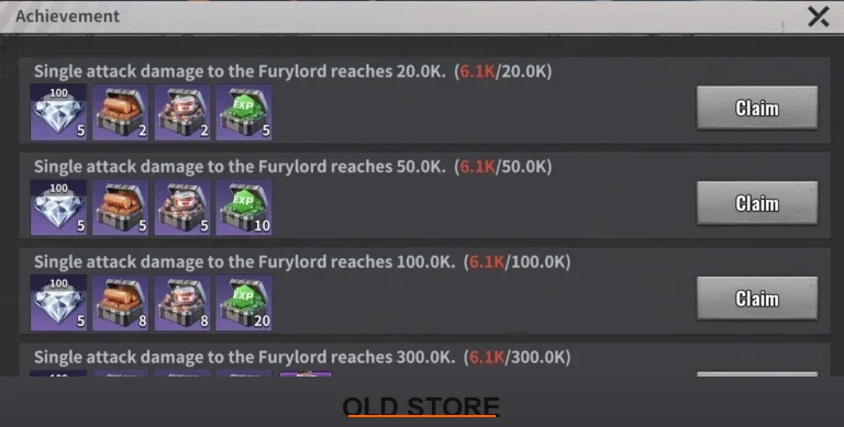 Furylord achievement panel in Last Z showing early single attack damage milestones from 20K to 300K with diamond, chest, EXP, and purple armor rewards