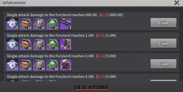 Last Z Furylord achievement rewards for single attack damage milestones at 600K, 1M, 3M, and 5M, each granting purple gear pieces including a rifle, boots, and helmet
