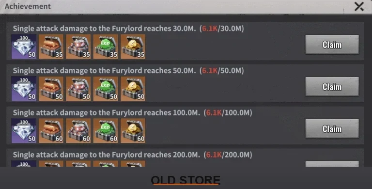 High tier Furylord achievement milestones in Last Z from 30M to 200M single attack damage with gold chests and large diamond rewards