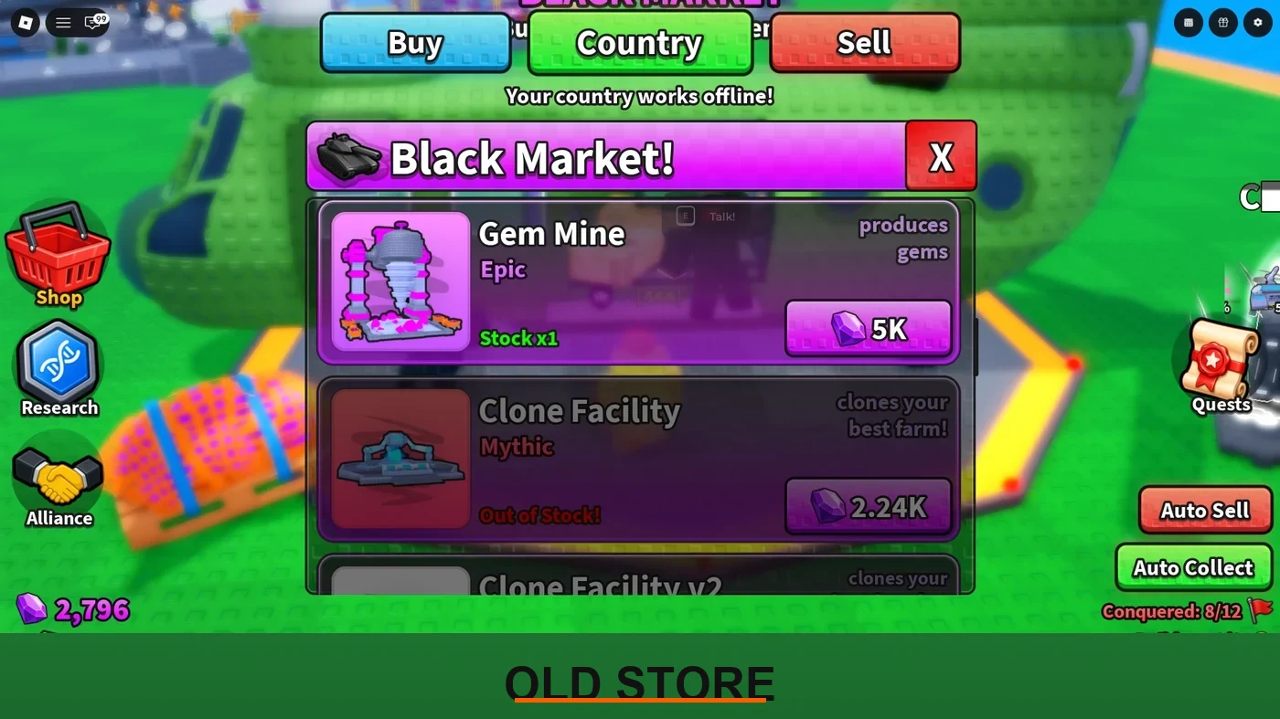 Black Market shop showcasing availability of Gem Miner and Price
