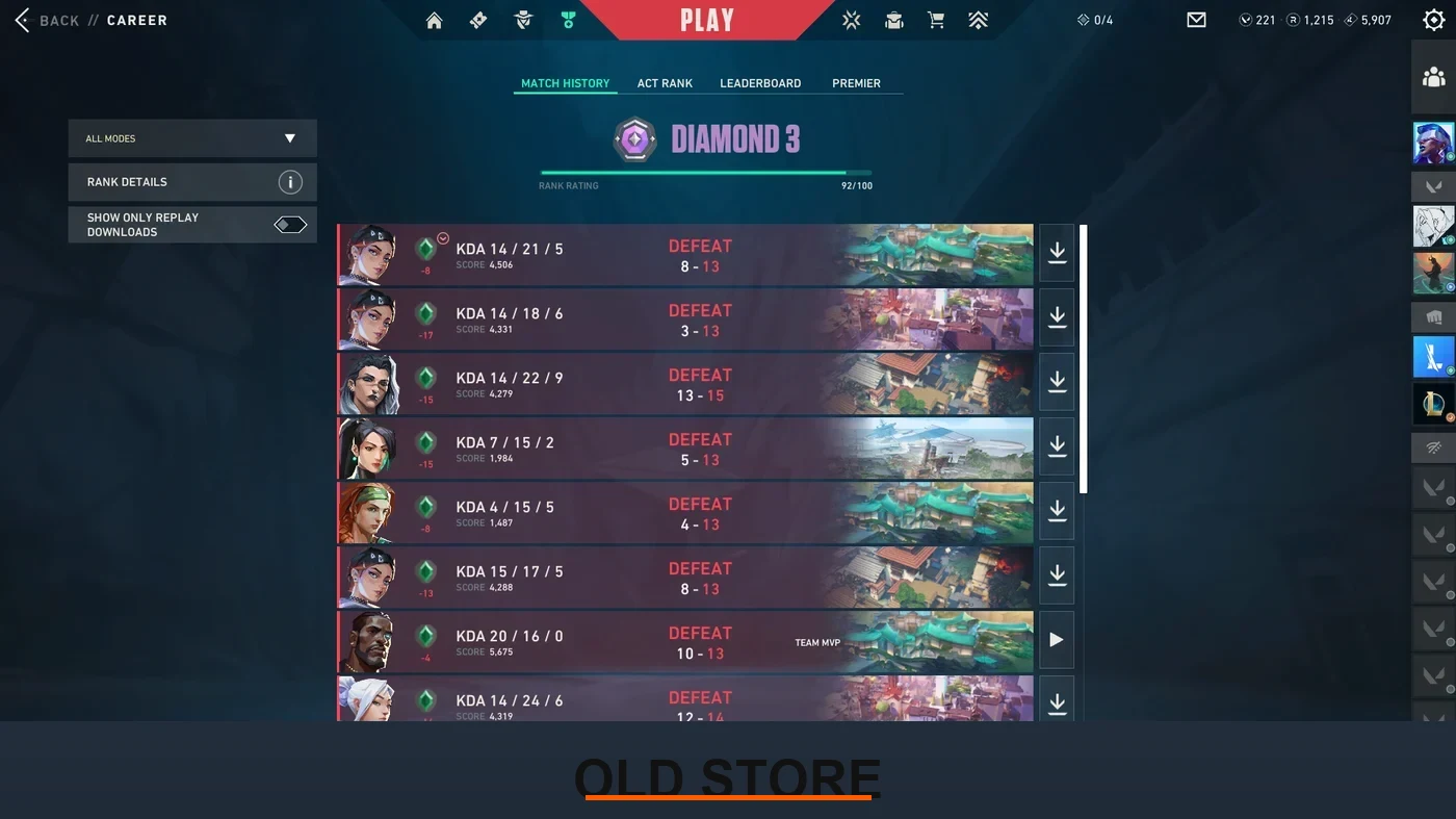 My Valorant Career page at Diamond 3 with 92 RR, showing a loss streak where hidden MMR above my rank cushioned several defeats to single-digit RR losses.