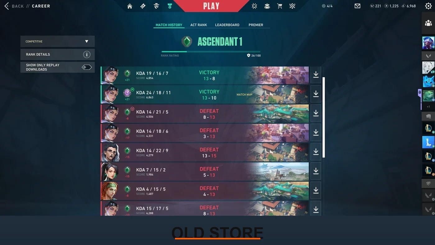 My Valorant Career page after two +21 RR wins promoted me from Diamond 3 to Ascendant 1, now sitting at 26 RR in Patch 13.00.