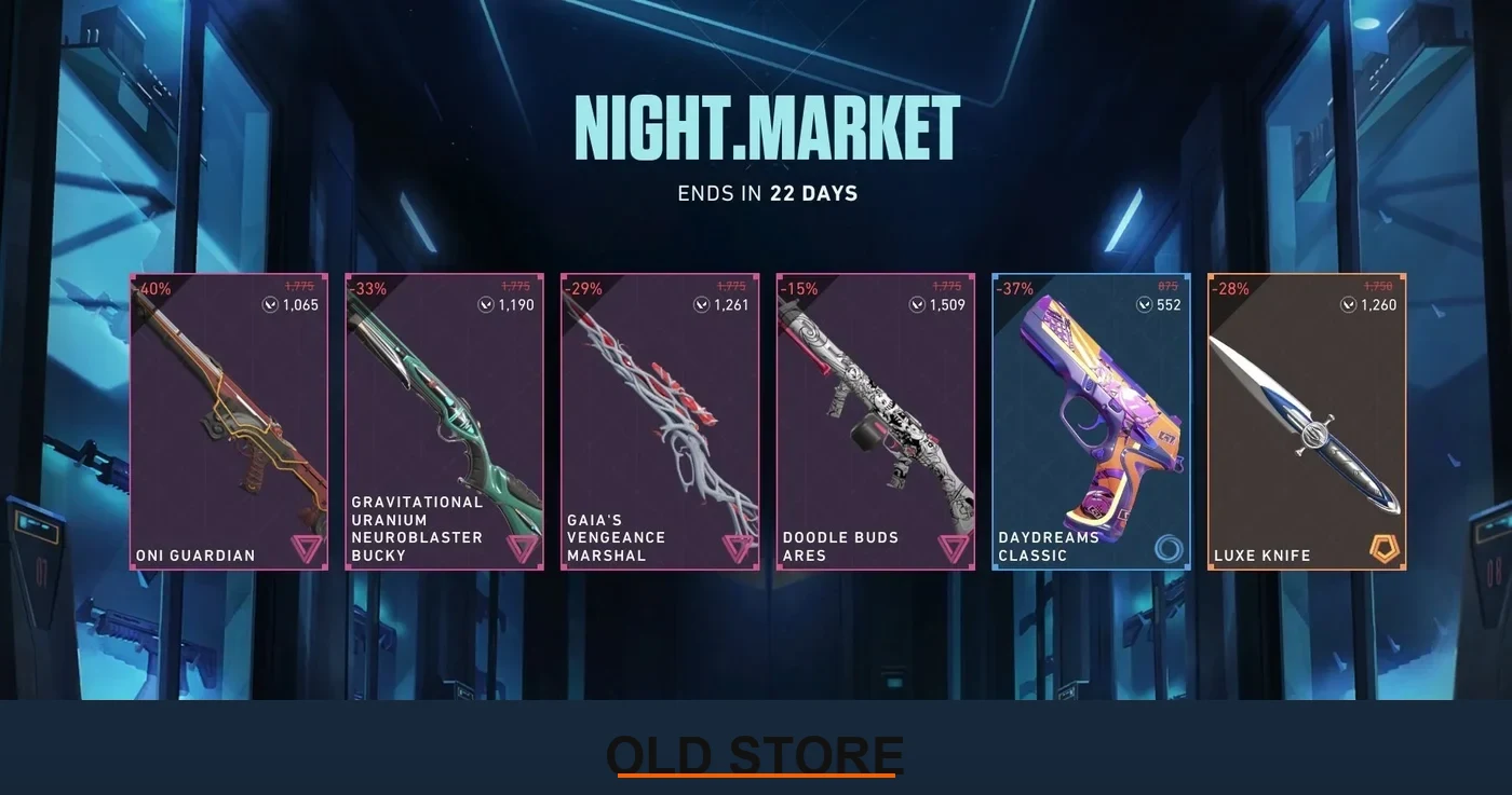 Valorant Night Market May 2026 - reveal screen showing six discounted weapon skin cards.
